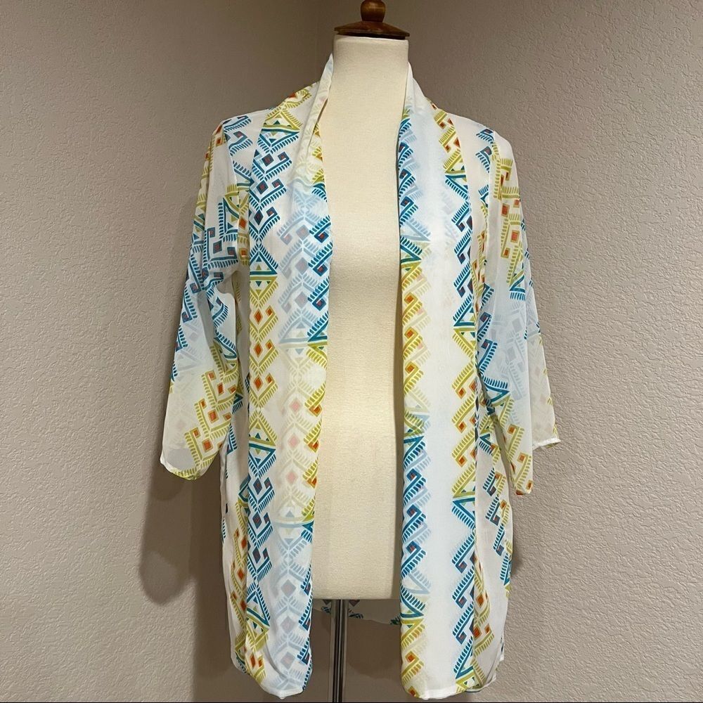 Peach Love California Aztec Geometric Kimono Sheer Ivory Chiffon Boho USA M - Picture 6 of 11